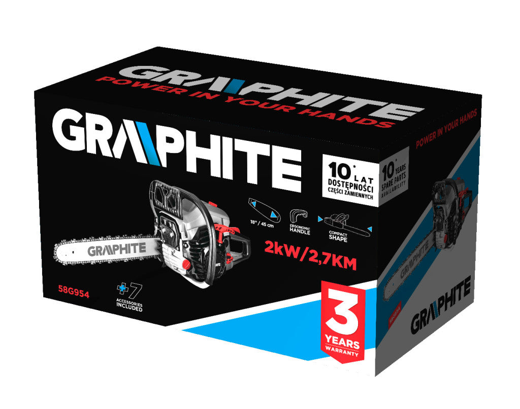 GRAPHITE Benzines láncfűrész 2kW (2,7 LE), láncvezető 18" (450mm) 3 év garanciával 58G954