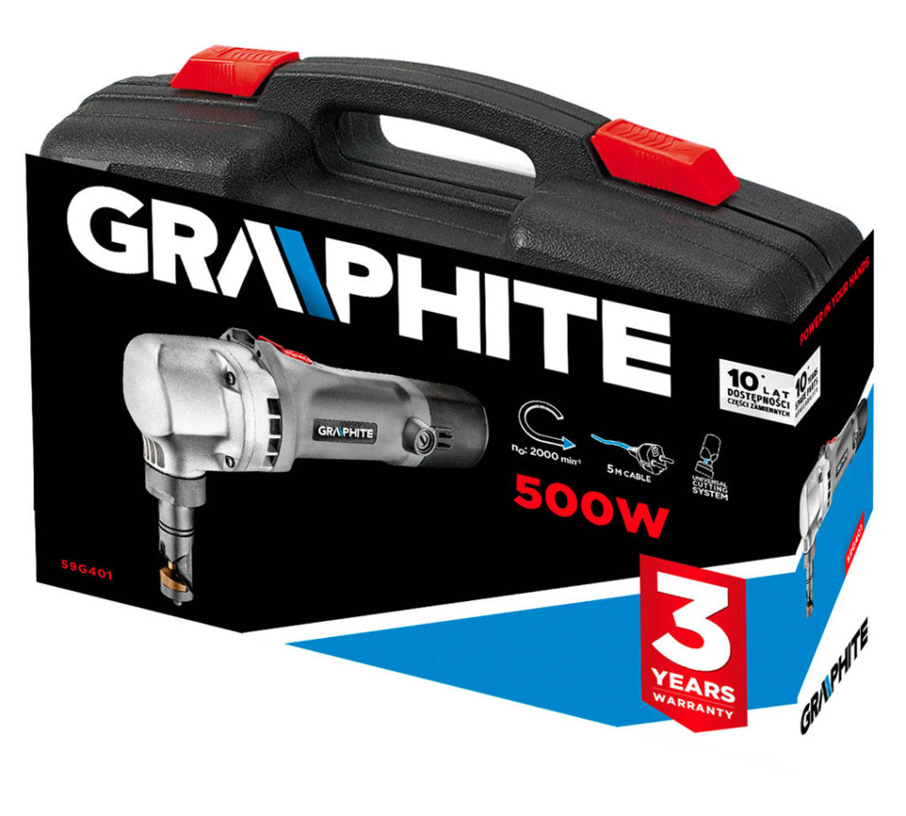 GRAPHITE LEMEZVÁGÓGÉP, folyamatos lyukasztó 500W, hullám- és síklemezekhez. Egyenes és ív vágásra. Kofferben. 3 év garanciával 59G401