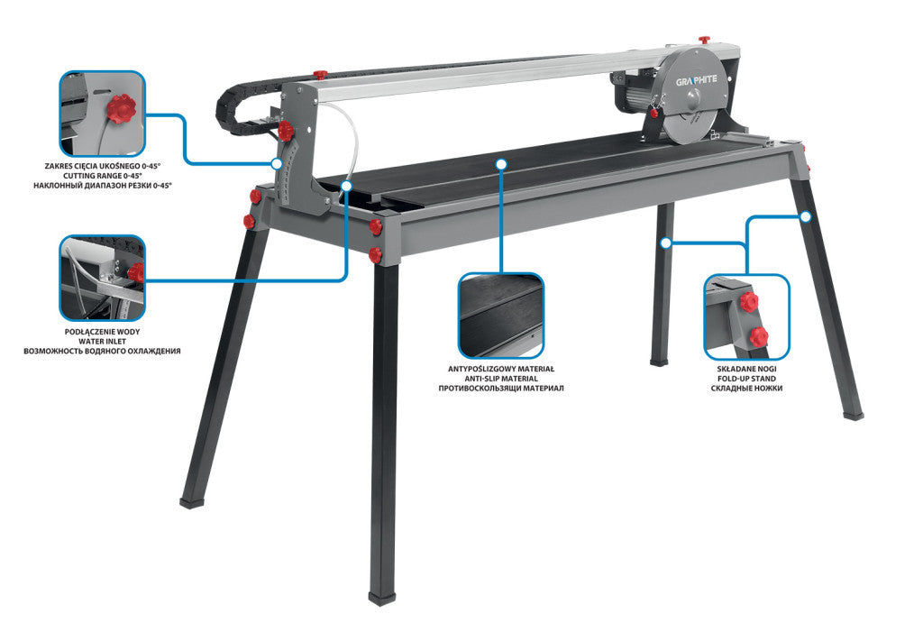 GRAPHITE Csempevágó gép 1200W, 230X25,4mm-es tárcsa, 1000mm vágáshossz, vízhűtés 3 év garanciával 59G891