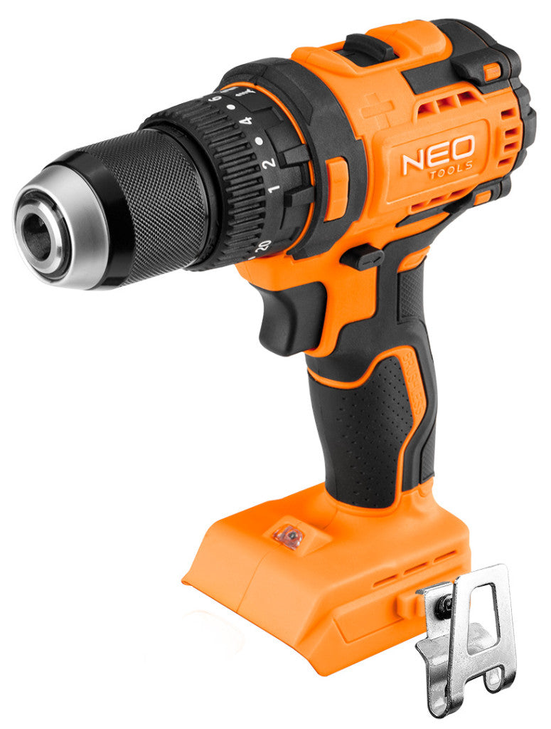 NEO TOOLS Akkus szénkefementes fúró, csavarozó, ütvefúró, Energy+, 18V Kompakt méret, 13mm fém tokmány, akku nélkül 3 év garanciával 04-619