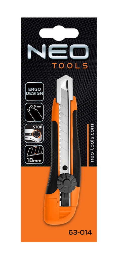 NEO TOOLS Törhető pengés kés 18mm, fém vezetősín, tekerős 63-014