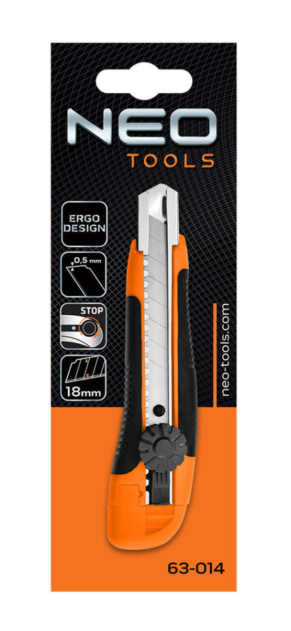 NEO TOOLS Törhető pengés kés 18mm, fém vezetősín, tekerős 63-014