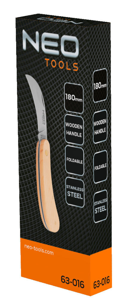 NEO TOOLS Összecsukható hajlított pengés kés fa nyéllel 63-016