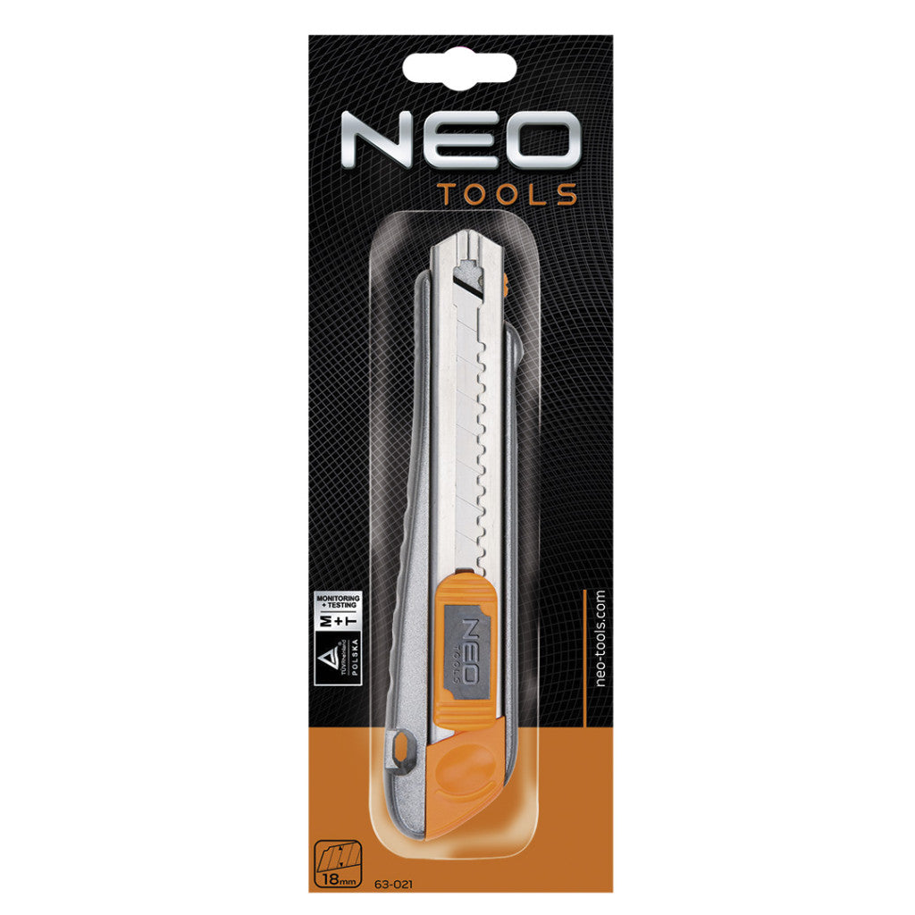 NEO TOOLS Törhető pengés kés 18mm, fém vezetősín 63-021