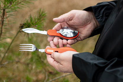 NEO TOOLS Tábori kemping zsebkés, 10cm, evőeszköz funkció, alumínium 63-027