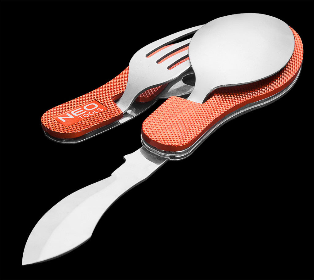 NEO TOOLS Tábori kemping zsebkés, 10cm, evőeszköz funkció, alumínium 63-027