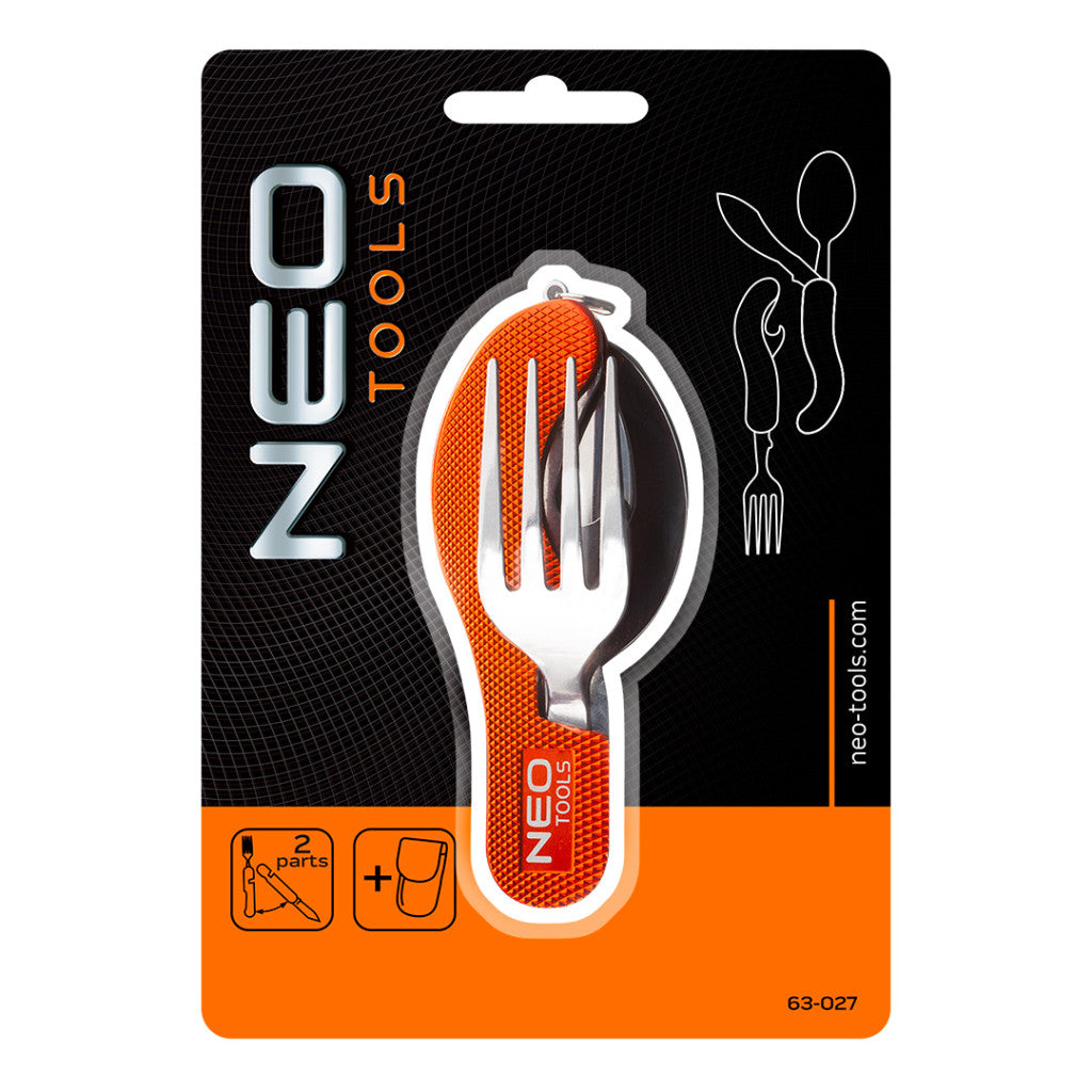 NEO TOOLS Tábori kemping zsebkés, 10cm, evőeszköz funkció, alumínium 63-027