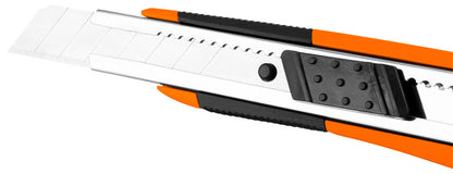 NEO TOOLS Törhető pengés kés 18mm, puha markolat, fém vezetősín 63-060