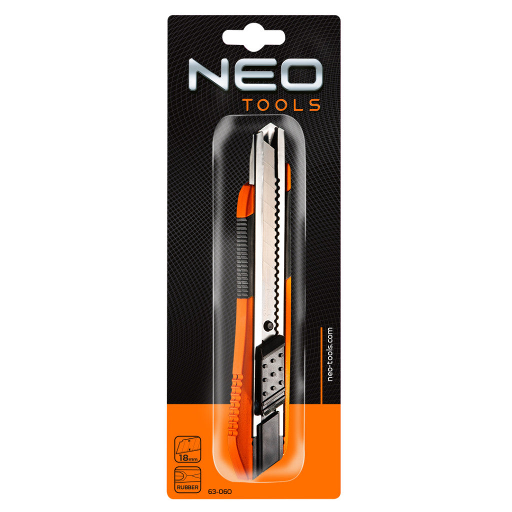 NEO TOOLS Törhető pengés kés 18mm, puha markolat, fém vezetősín 63-060