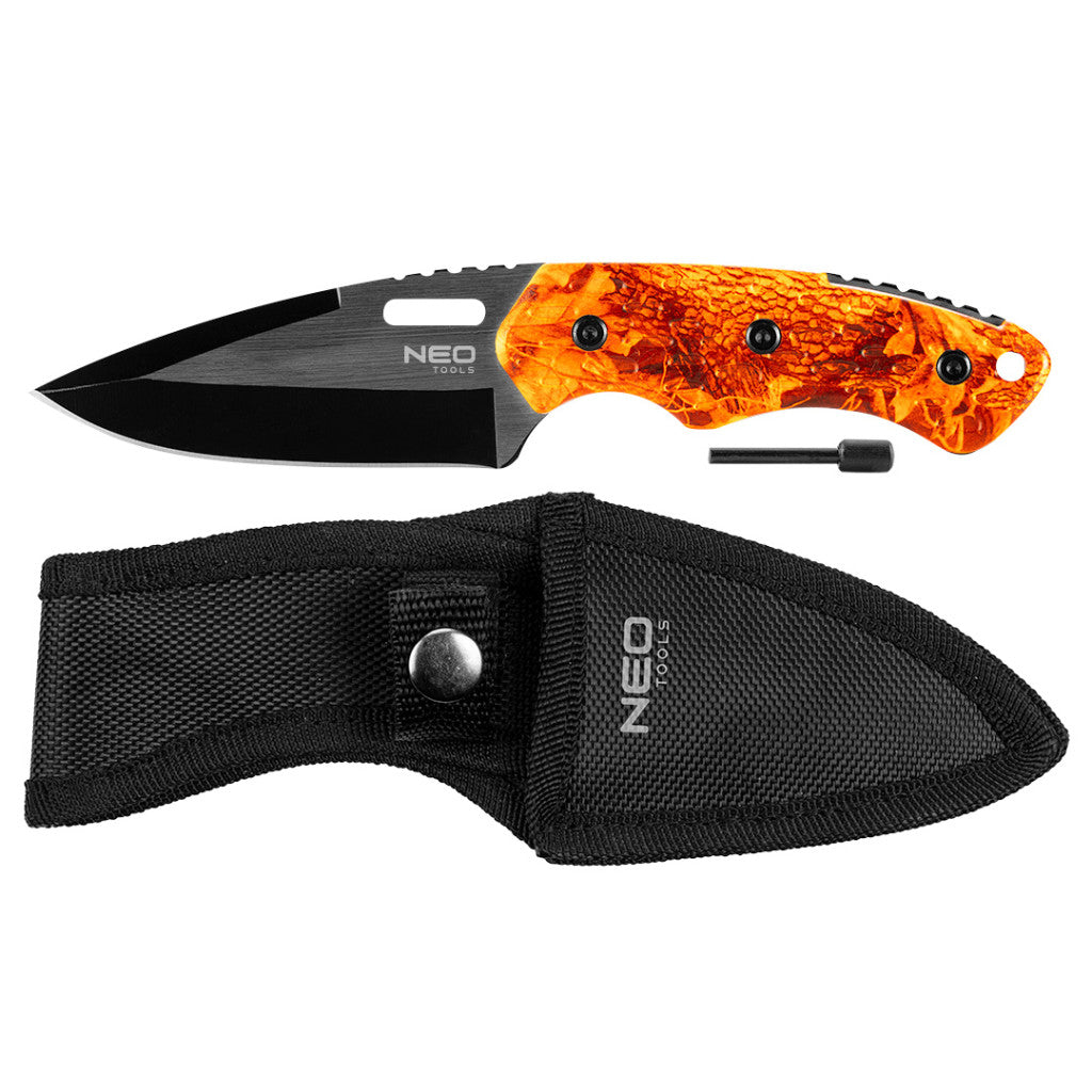 NEO TOOLS Taktikai kés, full-tang, teljes hossz 20cm, rozsdamentes acél, kovakő tűzgyújtáshoz, 9cm penge hossz 63-109