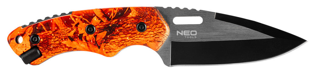 NEO TOOLS Taktikai kés, full-tang, teljes hossz 20cm, rozsdamentes acél, kovakő tűzgyújtáshoz, 9cm penge hossz 63-109
