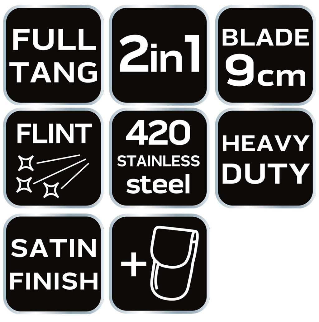 NEO TOOLS Taktikai kés, full-tang, teljes hossz 20cm, rozsdamentes acél, kovakő tűzgyújtáshoz, 9cm penge hossz 63-109