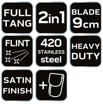 NEO TOOLS Taktikai kés, full-tang, teljes hossz 20cm, rozsdamentes acél, kovakő tűzgyújtáshoz, 9cm penge hossz 63-109