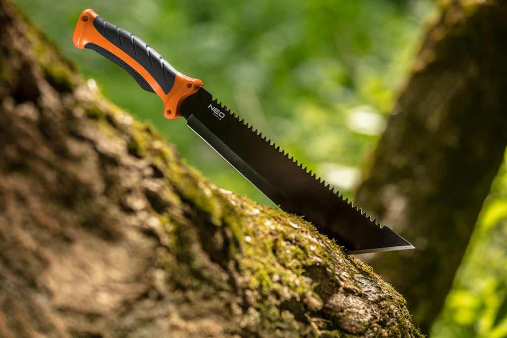 NEO TOOLS Bozótvágó kés, 40cm, rozsdamentes acél, kétkomponensű fogantyú TPR+PP, fűrész funkció, penge: 25.5cm, tokkal 63-117
