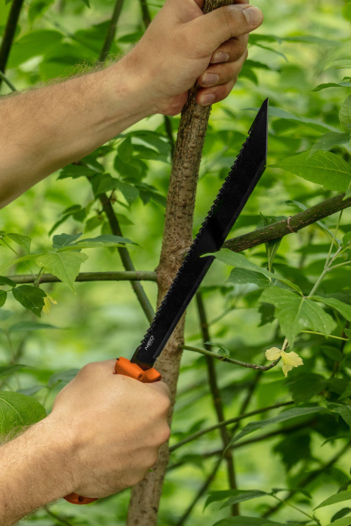 NEO TOOLS Bozótvágó kés, 40cm, rozsdamentes acél, kétkomponensű fogantyú TPR+PP, fűrész funkció, penge: 25.5cm, tokkal 63-117