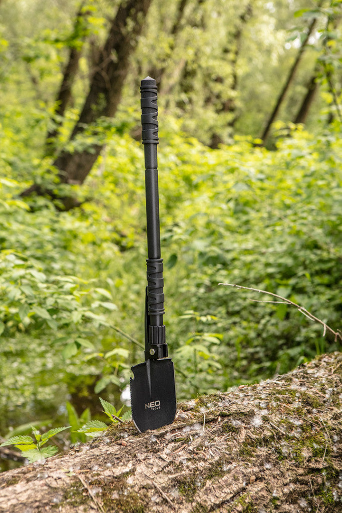 NEO TOOLS Multifunkciós túlélő tábori ásó, 63cm, ásó, fűrész, csákány, palacknyitó, kovakő, kés, üvegtörő, síp 63-122