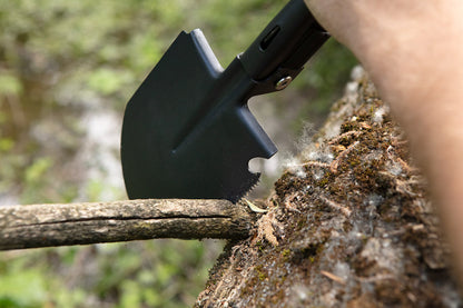 NEO TOOLS Multifunkciós túlélő tábori ásó, 63cm, ásó, fűrész, csákány, palacknyitó, kovakő, kés, üvegtörő, síp 63-122