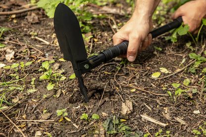 NEO TOOLS Multifunkciós túlélő tábori ásó, 63cm, ásó, fűrész, csákány, palacknyitó, kovakő, kés, üvegtörő, síp 63-122