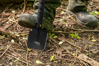 NEO TOOLS Multifunkciós túlélő tábori ásó, 63cm, ásó, fűrész, csákány, palacknyitó, kovakő, kés, üvegtörő, síp 63-122