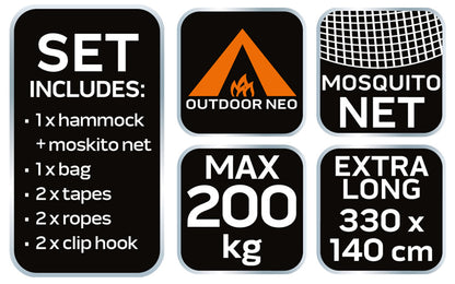 NEO TOOLS Függőágy szúnyoghálóval 330x140cm, 210T nylon, maxterhelhetőség 200kg, sötétzöld 63-123