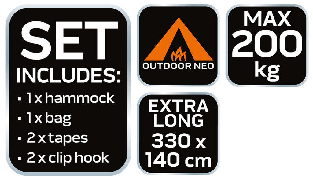 NEO TOOLS Függőágy 330x140cm, 210T nylon, maxterhelhetőség 200kg, sötétzöld 63-124
