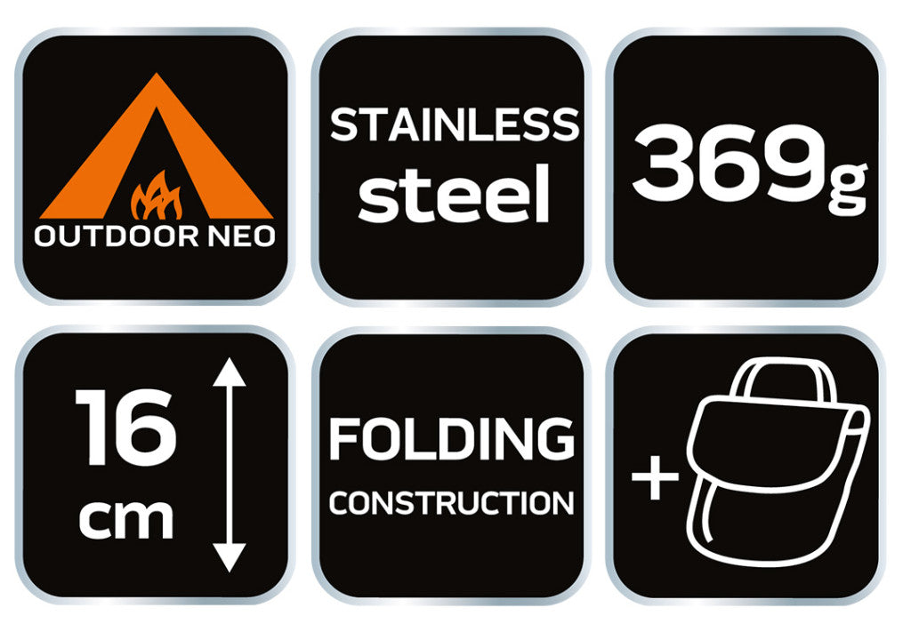 NEO TOOLS Kemping tűzhely, összecsukható, rozsdamentes acél, 16*11.5/12.8cm, súly 369g, szövet tokkal 63-126