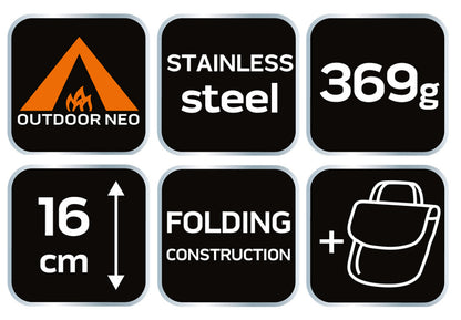 NEO TOOLS Kemping tűzhely, összecsukható, rozsdamentes acél, 16*11.5/12.8cm, súly 369g, szövet tokkal 63-126