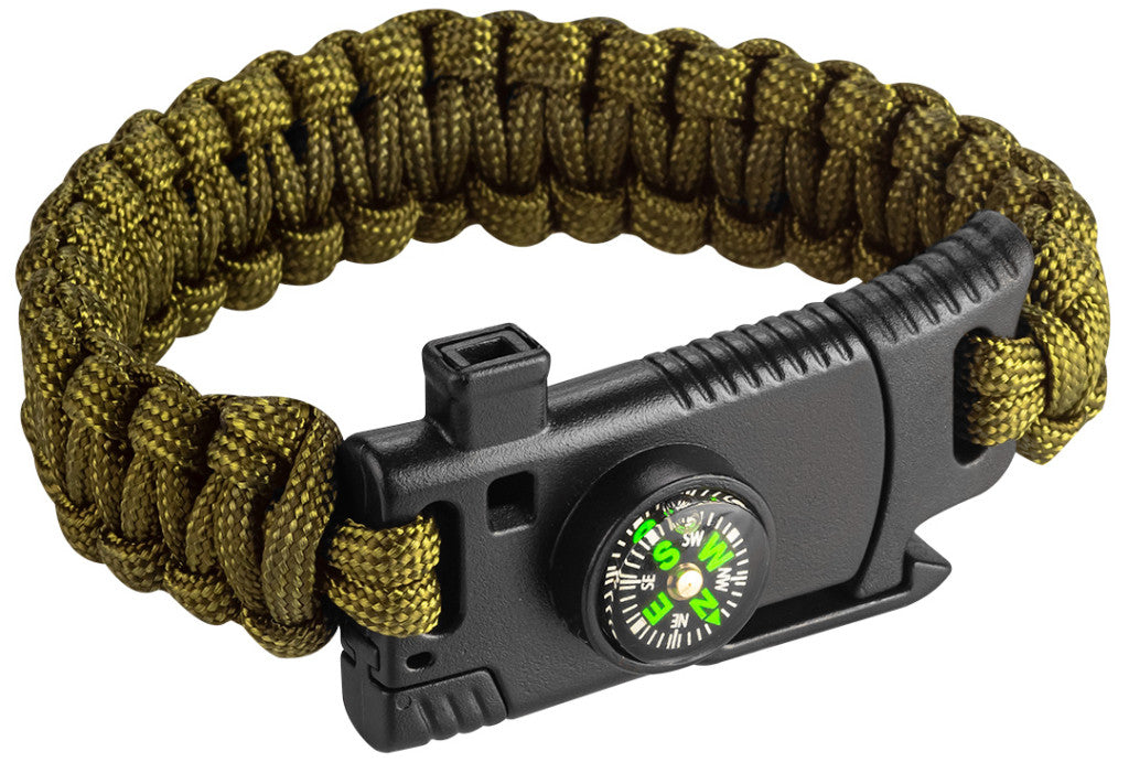 NEO TOOLS Túlélő karkötő 5 az 1-ben: 3.5m paracord(250kg-ig), kovakő, iránytű, kés, síp, zöld, szélessége 26mm 63-140