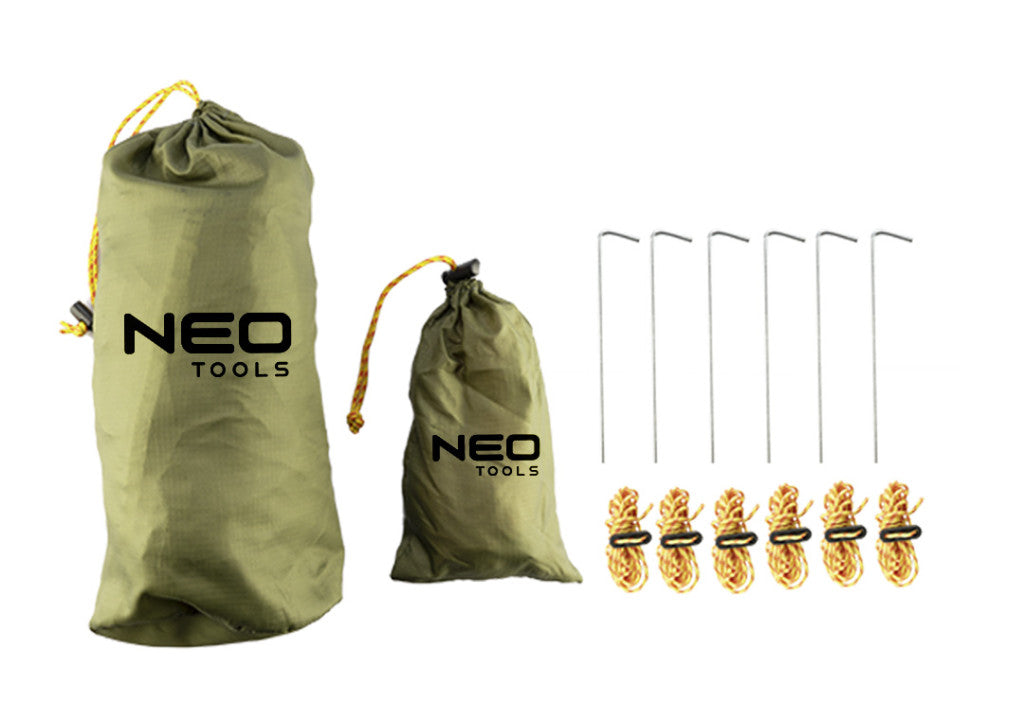 NEO TOOLS TÚLÉLŐ KEMPING PONYVA, VíZÁLLÓ, 360X290CM, 210T/2000PU ANYAG, HORGOK, KÖTELEK, 2 SZÁLLíTÓZSÁK 63-180