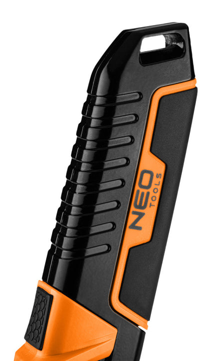 NEO TOOLS Trapézpengés kés, biztonsági, rugós pengevisszahúzóval, alu házas 63-704