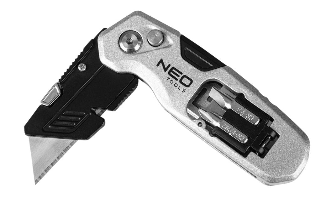 NEO TOOLS Trapézpengés kés, összecsukható, alu házas, 1+3 penge, 2 db csavarhúzóbittel 63-705