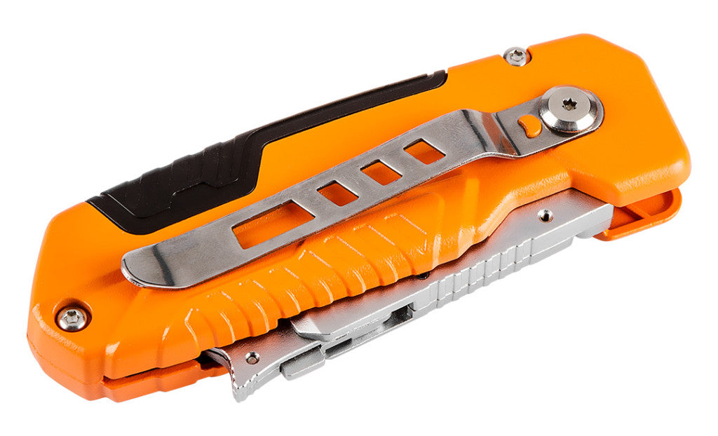 NEO TOOLS Trapézpengés kés, 90 fokban elfordítható fejjel, vágó és kaparó funkció, összecsukható, aluházas, 2db tartalék pengével 63-708