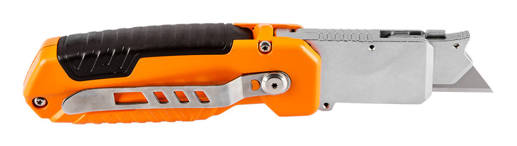 NEO TOOLS Trapézpengés kés, 90 fokban elfordítható fejjel, vágó és kaparó funkció, összecsukható, aluházas, 2db tartalék pengével 63-708