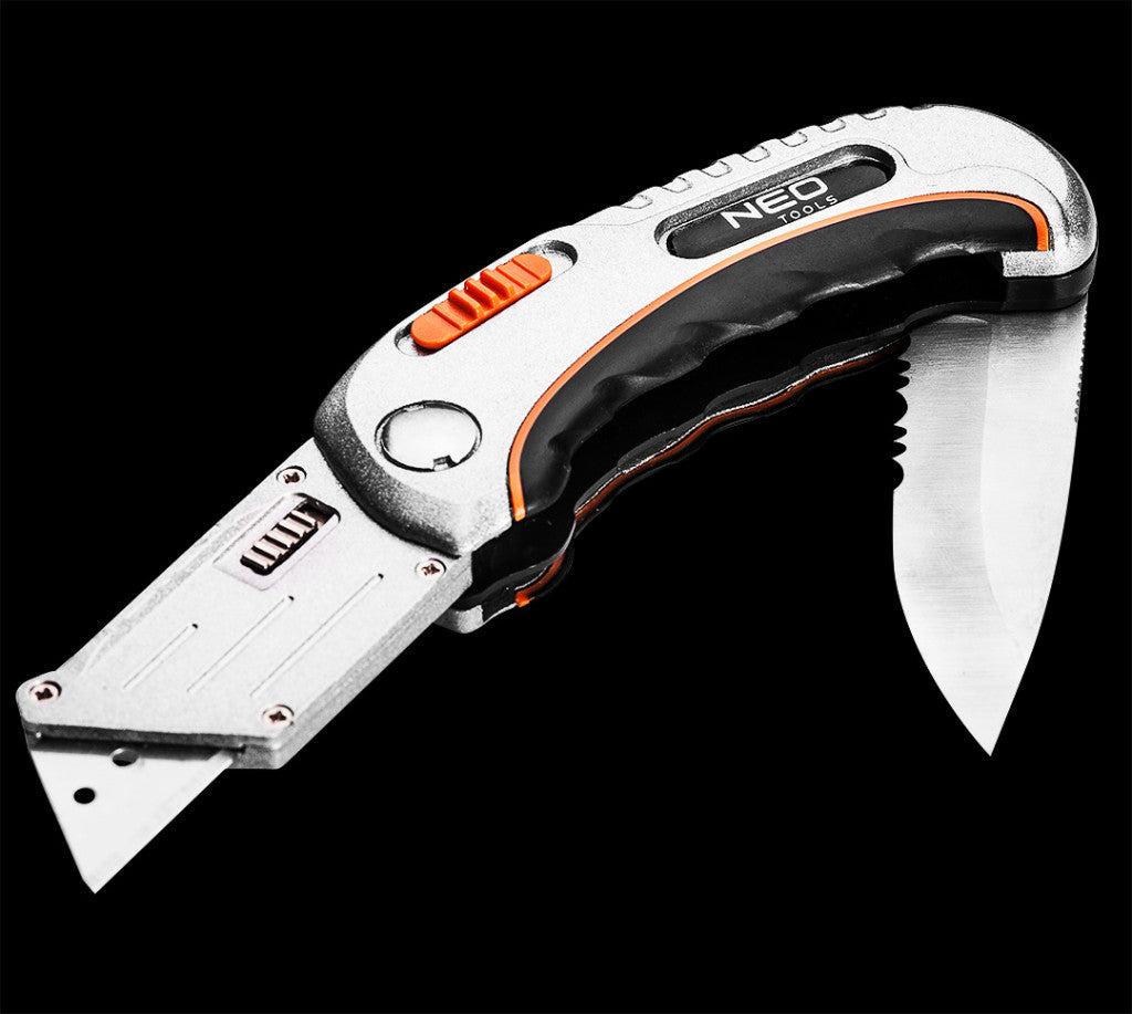 NEO TOOLS Trapézpengés összecsukható sniccer + kés, 5 pengével 63-710