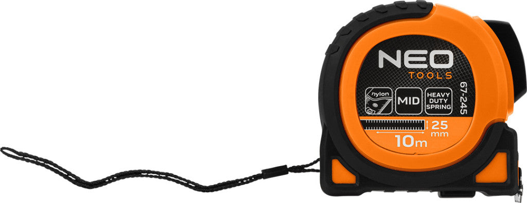 NEO TOOLS Mérőszalag, 10m/25mm, erősített rugós, acél, fekete szalag fehér nagyított skálával, mágneses, autostop+rögzítő 67-245