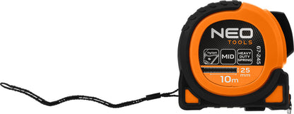 NEO TOOLS Mérőszalag, 10m/25mm, erősített rugós, acél, fekete szalag fehér nagyított skálával, mágneses, autostop+rögzítő 67-245