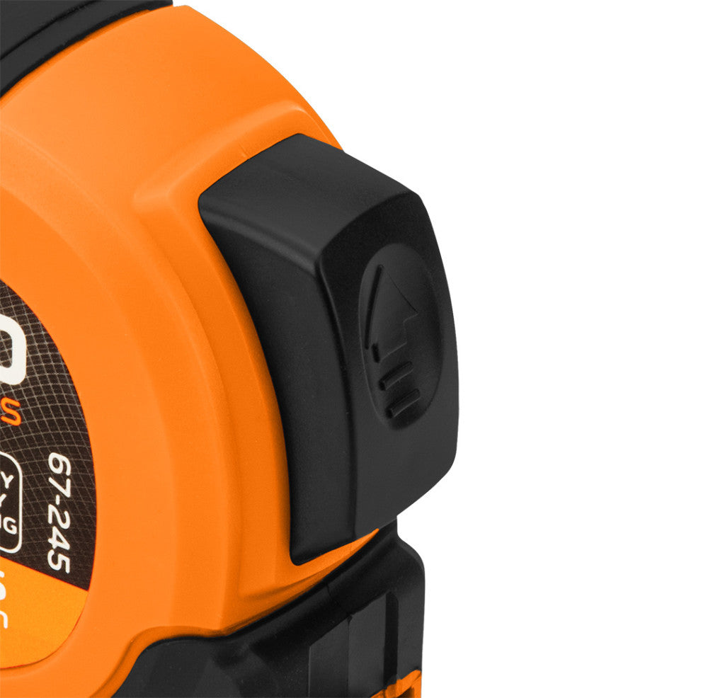 NEO TOOLS Mérőszalag, 10m/25mm, erősített rugós, acél, fekete szalag fehér nagyított skálával, mágneses, autostop+rögzítő 67-245