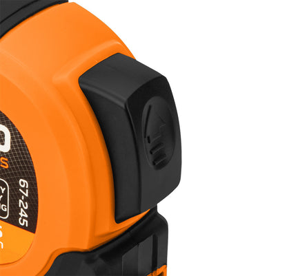 NEO TOOLS Mérőszalag, 10m/25mm, erősített rugós, acél, fekete szalag fehér nagyított skálával, mágneses, autostop+rögzítő 67-245