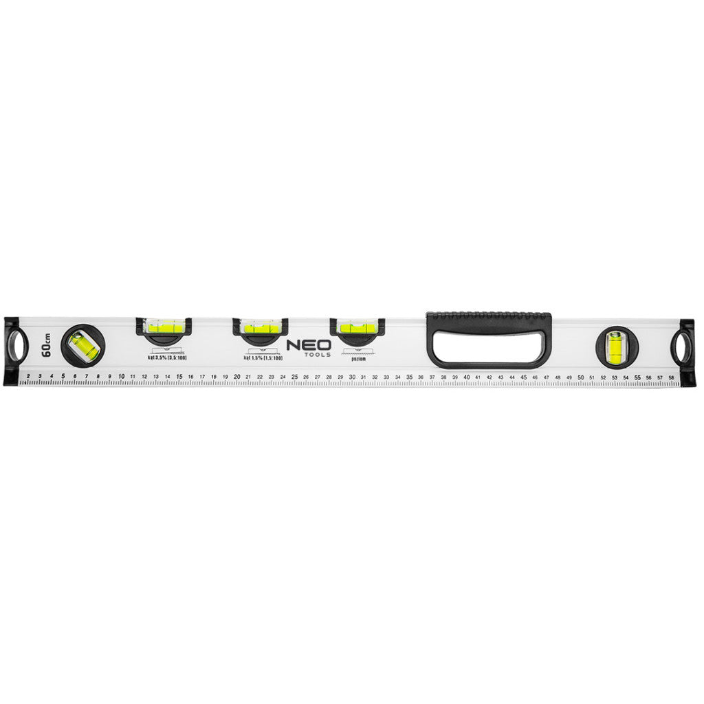 NEO TOOLS Vízmérték, alumínium, lejtésmérő, 5 libella, fogantyú, 60cm 71-122
