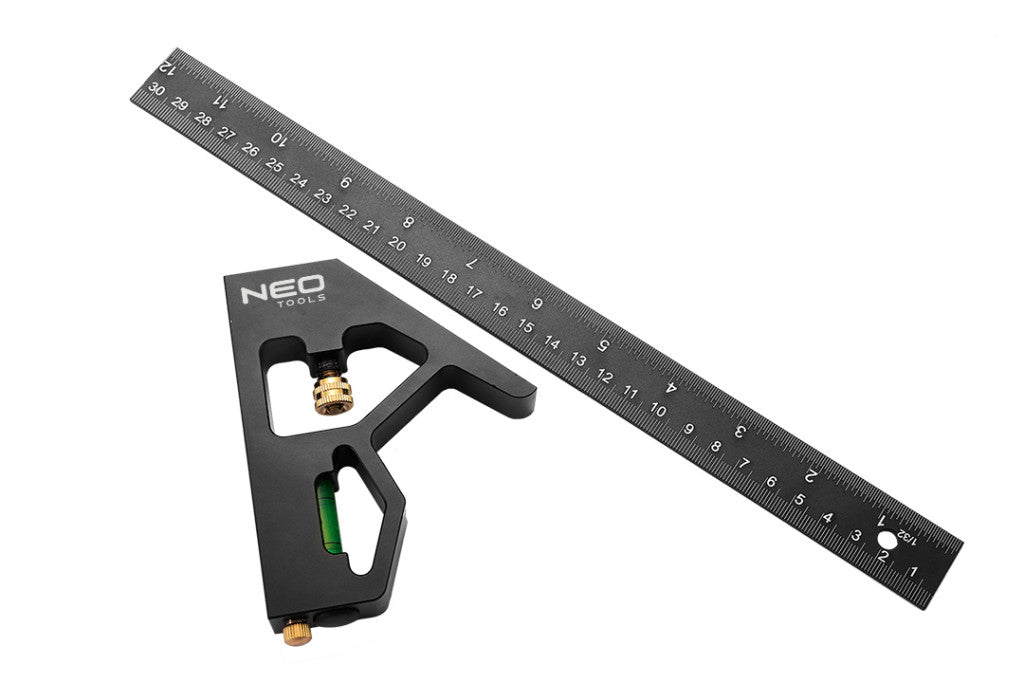 NEO TOOLS Profi szögmérő, derékszög és vonalzó, festett-alu 30cm 72-127