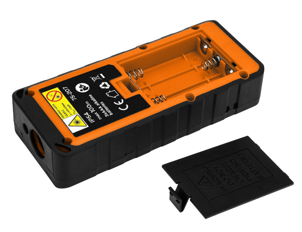 NEO TOOLS Lézeres távolságmérő, hatótáv:100m, IP54 fröccsenő víz védelem, gumírozott ház, multifunkciós 2 év garanciával 75-207