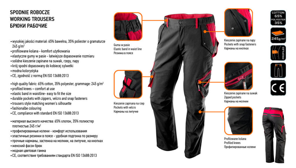 NEO TOOLS Női munkanadrág, 65% pamut, 35% polyester, 245 g/m2, M 80-220-M