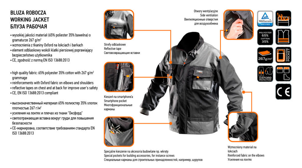 NEO TOOLS Munkavédelmi kabát, HD, S/48 65% poliészter, 35% pamut, 267g/m2, vékony fényvisszaverő csíkok 81-210-S
