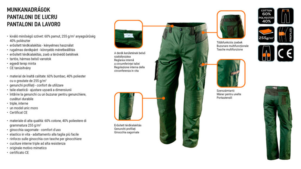 NEO TOOLS Olíva Munkásnadrág, CAMO, 60% pamut, 40% polyester, 255 g/m2, XXXL 81-222-XXXL