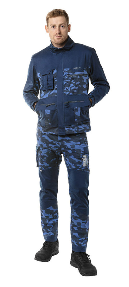 NEO TOOLS Munkanadrág tengerészkék terepmintás, Camo, Navy, 60% pamut + 40% poliészter, XS 81-223-XS