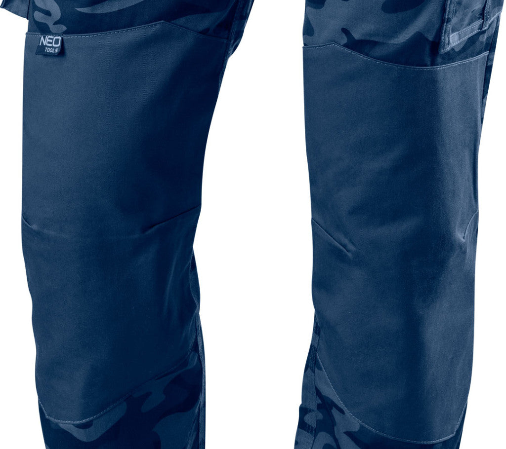 NEO TOOLS Munkanadrág tengerészkék terepmintás, Camo, Navy, 60% pamut + 40% poliészter, XS 81-223-XS