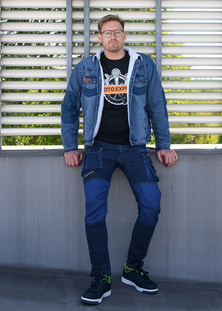 NEO TOOLS Farmer Munkásnadrág, DENIM, 98% pamut, térdvédő betét zsebbel, gombos oldalzsebekkel, 255 g/m2, XXL 81-228-XXL