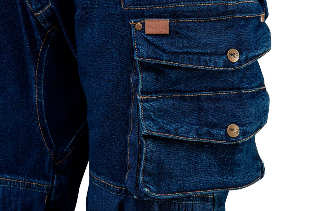 NEO TOOLS Farmer Munkásnadrág, DENIM, 98% pamut, térdvédő betét zsebbel, gombos oldalzsebekkel, 255 g/m2, XXL 81-228-XXL