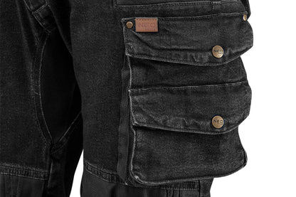 NEO TOOLS Farmer Munkásnadrág, DENIM, fekete, 98% pamut, térdvédő zseb, gombos oldalzsebek, 255 g/m2, S 81-236-S