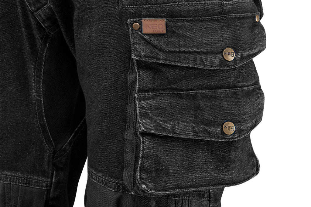 NEO TOOLS Farmer Munkásnadrág, DENIM, fekete, 98% pamut, térdvédő zseb, gombos oldalzsebek, 255 g/m2, XS 81-236-XS
